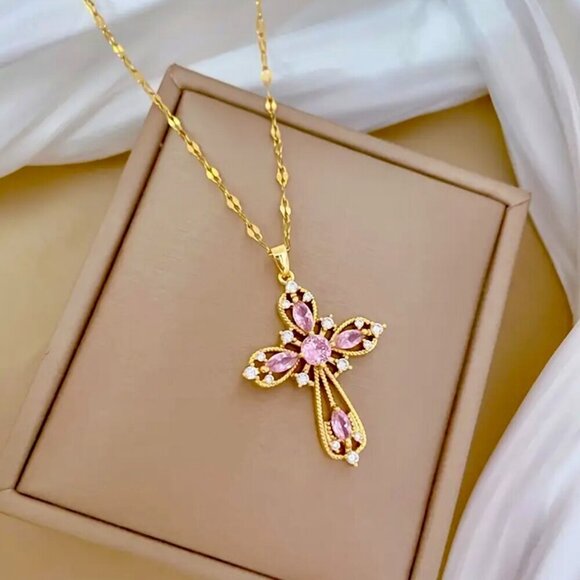 Jewelry - 14K Gold Plated Ornate Pink Crystal Cross Necklace